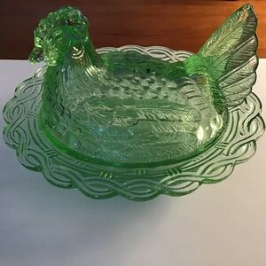Vintage Mosser Glass Hen on Nest – Green Pressed Glass Dish